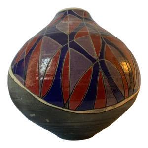 1993 William Attaway Signed Raku Vessel in Gray, Blue, Red, White