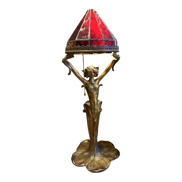Antique Art Nouveau Cast Bronze Figural Lamp Signed J. Causse Ruby Red Stained Glass Shade c.1900 For Sale