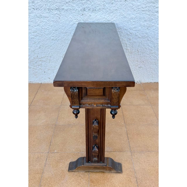 Traditional Mid 20th Century Valenti Spanish Carved Wood Console Table With Drawers and Turned Spindles For Sale - Image 3 of 13
