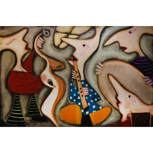 Oil on board, 51" x 35", by Kambiz. This captivating composition features stylized figures engaged in a musical...