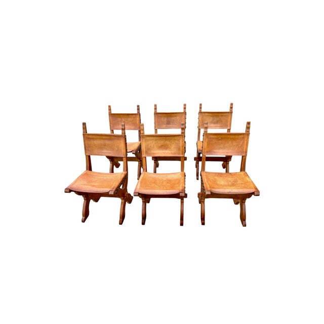 1960s Dutch Brutalist Oak and Leather X-Frame Dining Chairs by Bram Sprij, 1960s, Set of 6 For Sale - Image 5 of 9