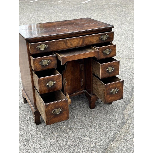Burr Walnut Kneehole Desk on Bracket Feet with Brass Handles For Sale - Image 6 of 9