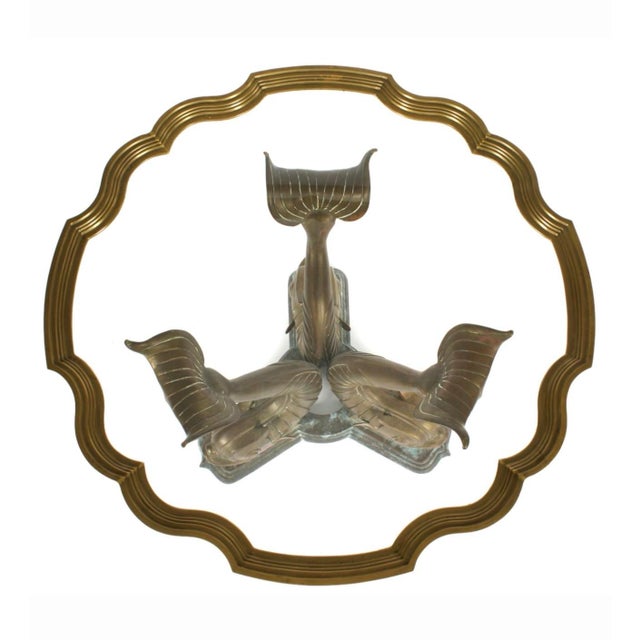 1980s Hollywood Regency Triple Dolphin Bronze Center Table With Scalloped Glass For Sale - Image 4 of 12