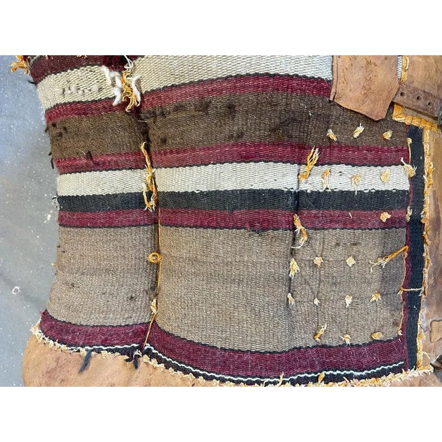 Vintage Antique Leather Camel Saddle – Textile Detail Decor Piece For Sale - Image 4 of 10