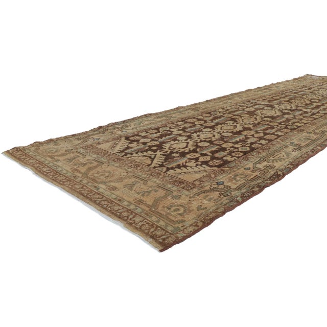 Distressed Antique Persian Malayer Runner with Herati Pattern 03'09 x 12'08. Effortless beauty with a lovingly time-worn...