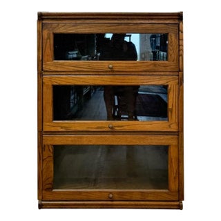 Vintage Bookcase Three Stack Oak Barrister Glass Door Traditional Shelf For Sale