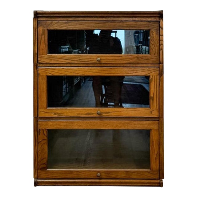 Vintage Bookcase Three Stack Oak Barrister Glass Door Traditional Shelf For Sale