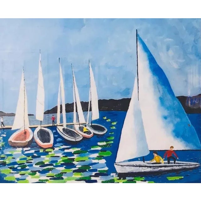 Late 20th-Century Giclée Signed Print on Canvas of Sailboats on Lake Geneva For Sale