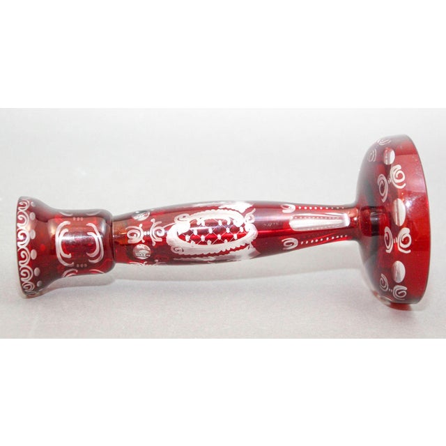 Glass Egermann Bohemian Ruby Red Cut to Clear Crystal Glass Candlestick 1960s For Sale - Image 7 of 12