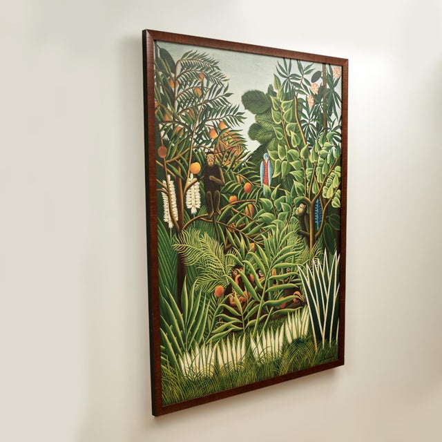 Mid century Haitian acrylic painting on canvas of a colorful jungle scene with fruit, monkeys and a bird executed in a...