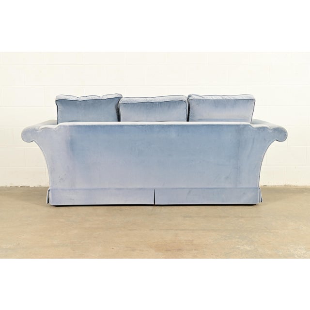 Baker Furniture Blue Velvet Upholstered Roll Arm Sofa For Sale - Image 11 of 13