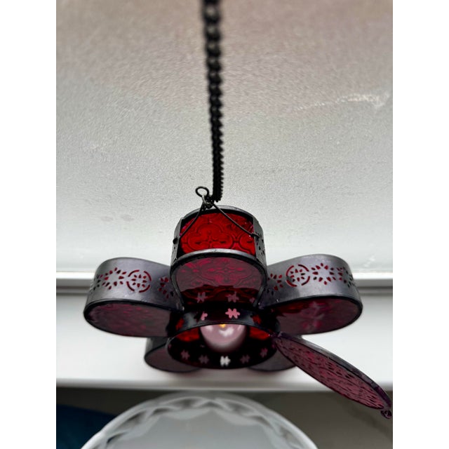 Vintage Red Stained Glass Hanging Votive With Pierced Metal Frame For Sale - Image 4 of 12