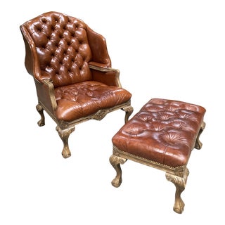 Maitland-Smith Cognac Leather Wingback and Ottoman For Sale