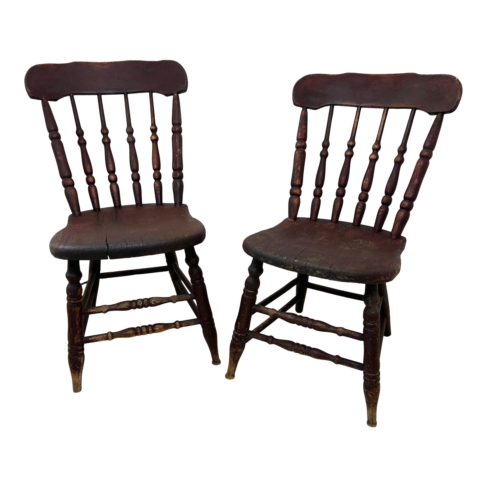 Primitive Rustic Farmhouse Slant Back Plank Seat Antique Pine Chairs, a Pair, Circa 1850's