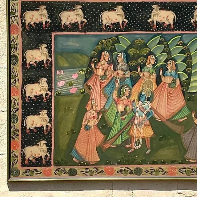 Vintage Indian Pichwai Folk Art Painting on Silk For Sale - Image 10 of 14