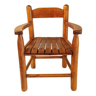 Vintage Handmade Child’s Wood Armchair, Rustic Slat Seat Kids Accent Chair, Primitive English Cottage Nursery Fireplace Mantel Decor Piece For Sale