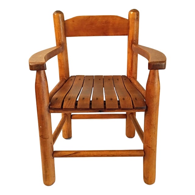 Vintage Handmade Child’s Wood Armchair, Rustic Slat Seat Kids Accent Chair, Primitive English Cottage Nursery Fireplace Mantel Decor Piece For Sale