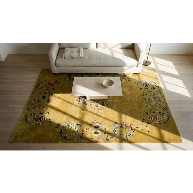 1920s Yellow Saffron Floral Vase Antique Chinese Art Deco Carpet 8'8" X 11'4" Knotted Wool Rug For Sale - Image 16 of 16