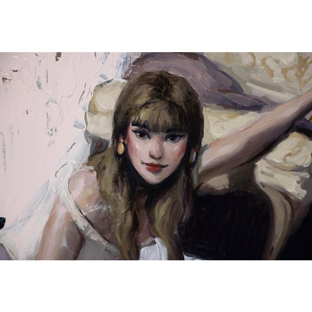 This oil on panel artwork presents a young woman in a whimsical yet slightly surreal setting, highlighted by her striking...