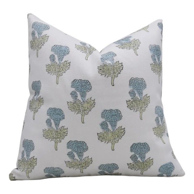 FabDivine Floral Block Print Pillow Cover 14x14 Inch Thick Cotton White-Manmohan For Sale