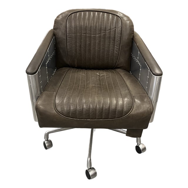 Restoration Hardware Teen Brown Leather & Aluminum “Aviator” Office Chair For Sale