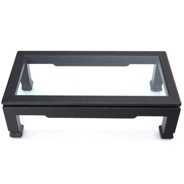 Raffia Cloth Covered Rectangular Glass Top Coffee Table Black For Sale - Image 6 of 12