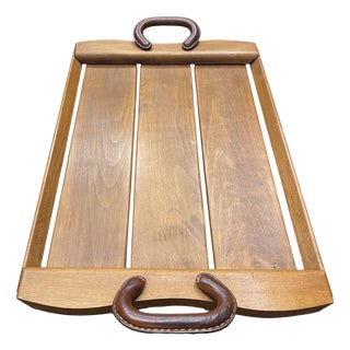 Stitched Leather and Wood Service Tray from Jacques Adnet, 1950s For Sale