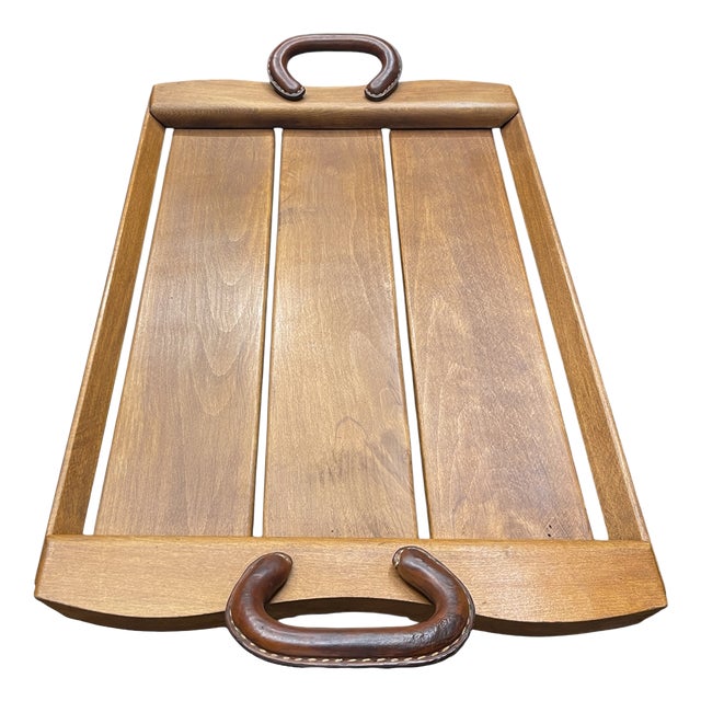 Stitched Leather and Wood Service Tray from Jacques Adnet, 1950s For Sale