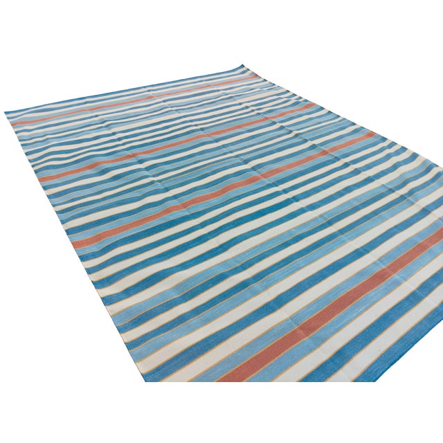 Handwoven Cotton Area Rug, Natural Vegetable Dyed, Blue, Red and Yellow Striped Dhurrie - 6'x9' For Sale - Image 10 of 12