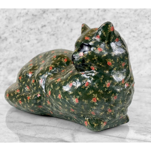 1980s Vintage Farmhouse Chalkware Floral Cat Doorstop Sculpture For Sale - Image 5 of 9