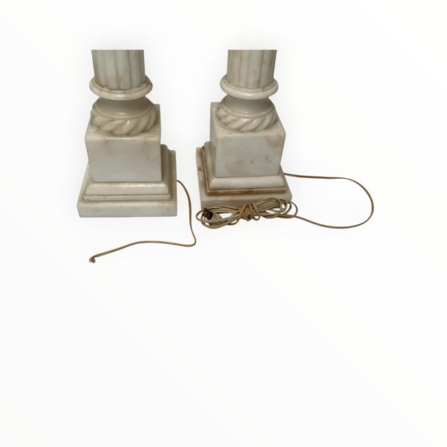 Fine Pair of Vintage Italian Neoclassical Alabaster Column Table Lamps with Laurel Wreath Finials Made in Italy Mid-20th...