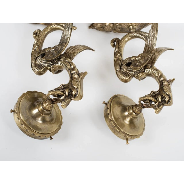 Brass 1950s Spanish Gothic Revival Brass Dragon Wall Sconces With Opal Glass Shades - A Pair For Sale - Image 8 of 9