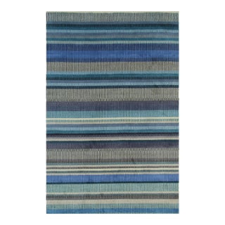 8x10 Ophelia Ocean Blue Classic Stripe Handmade Wool Carpet Rug For Sale