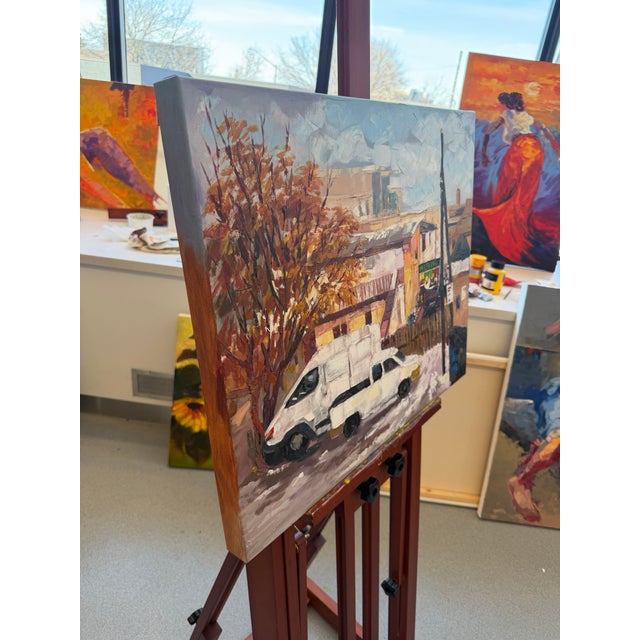 White Vans and Russet Leaves, Knife Painting, Oil on Canvas, Godfrey Afebuame (2026) For Sale - Image 4 of 5