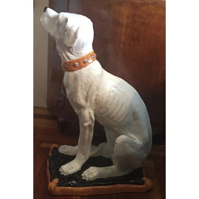 Large Hollywood Regency Glazed Terracotta Majolica Dog Statue For Sale - Image 9 of 13