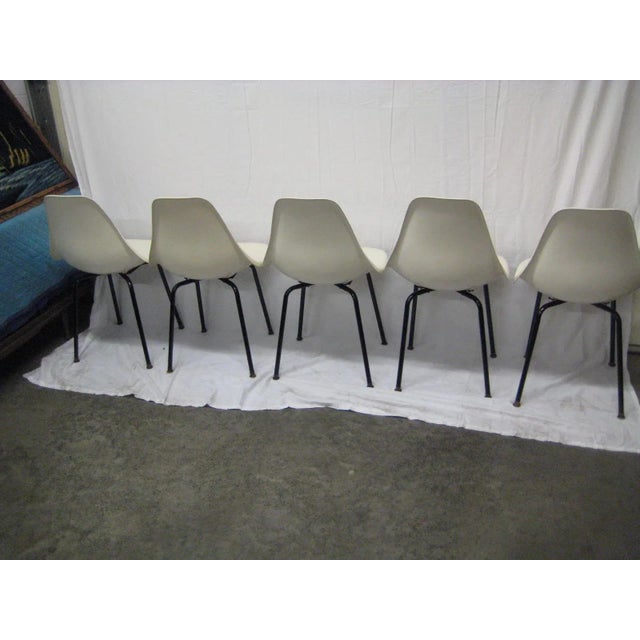 Midcentury white bucket chairs with black legs. Label reads "Herman Miller Furniture Company Zeeland, Michigan". The...