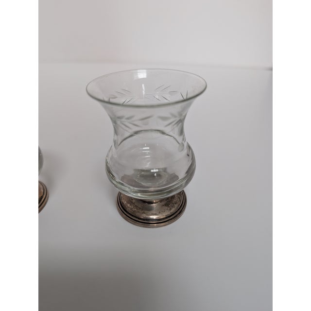 Elegant Tableware. Etched Glass and Sterling Base (Sterling Mark) Salt & Pepper Cellars. Matched Pair. In Perfect...