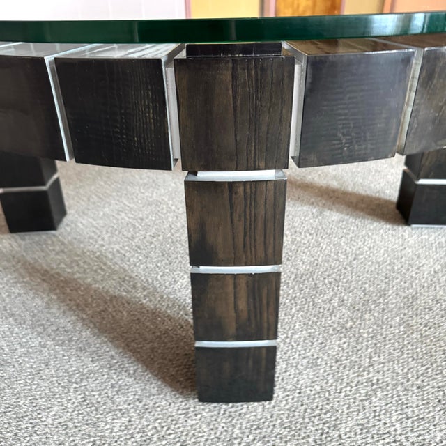 Vintage Postmodern Dark Wood Block and Glass Circular Coffee Table For Sale - Image 11 of 12
