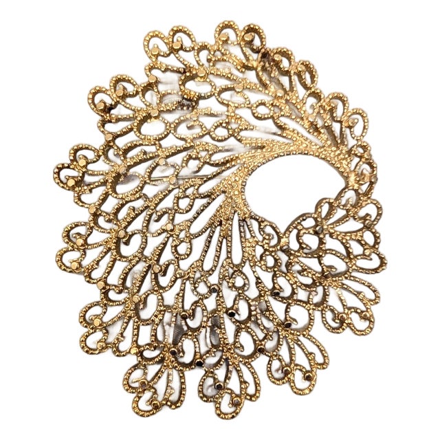 Vintage 1966 Signed Monet Goldtone Filigree Brooch For Sale