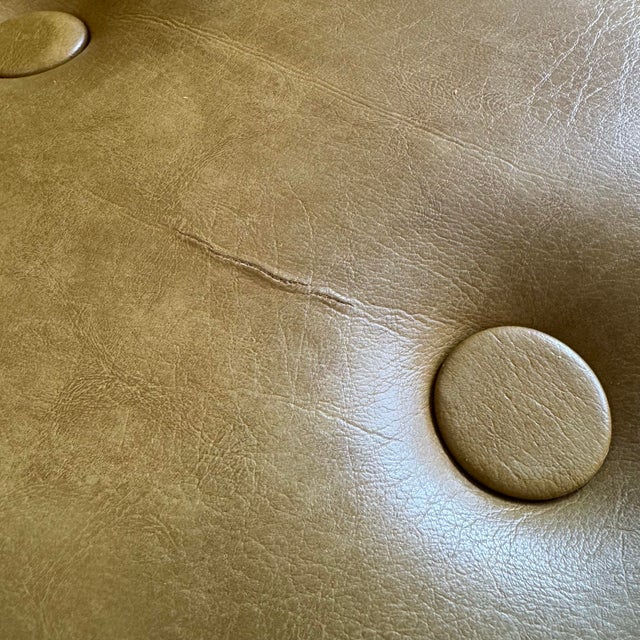 Vintage Olive Colored Vinyl and Walnut Three Seater Sofa For Sale - Image 10 of 12