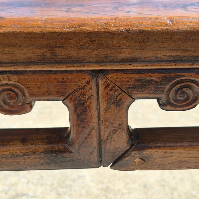 Brown Vintage Asian Carved Elm Wood 46” Long Bench Accent Table Window Seat Plant Stand For Sale - Image 8 of 10