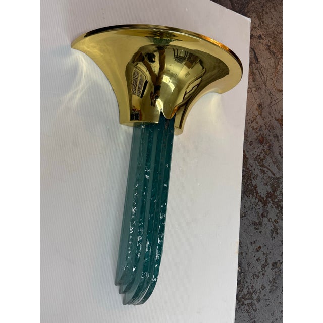 Modern 1980s Karl Springer Purcell Brass + Aqua Glass Wall Sconce For Sale - Image 3 of 12