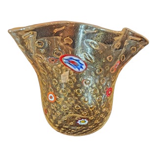 Vintage Murano STyle Art Glass Handkerchief Millefiori Vase Signed Gambaro & Poggi For Sale