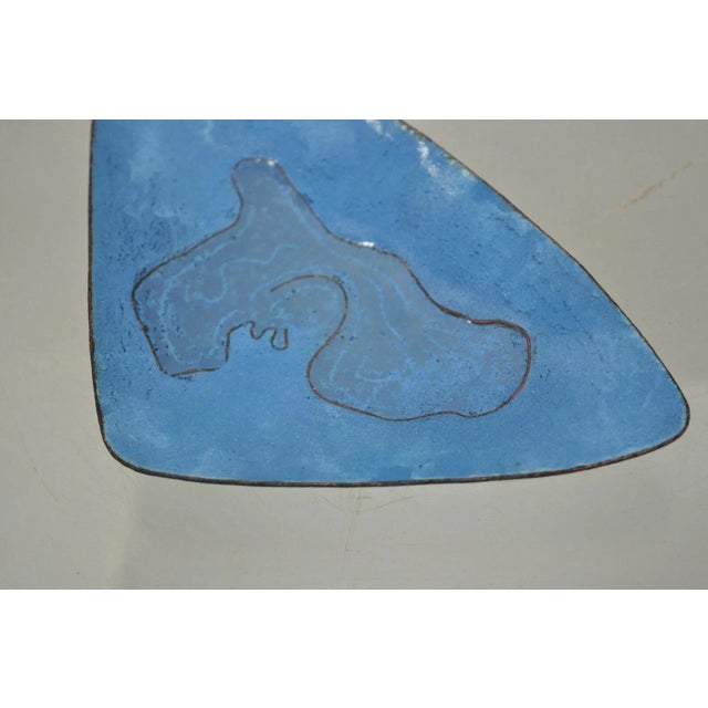 Vintage Mid Century Modern Blue Porcelain Enamel Copper 8" Triangle Trinket Dish For Sale - Image 4 of 8
