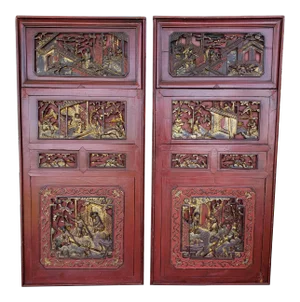 Late 19th Century Chinese Carved Gilded Lacquered Wood Imperial Court Motif Panels - a Pair