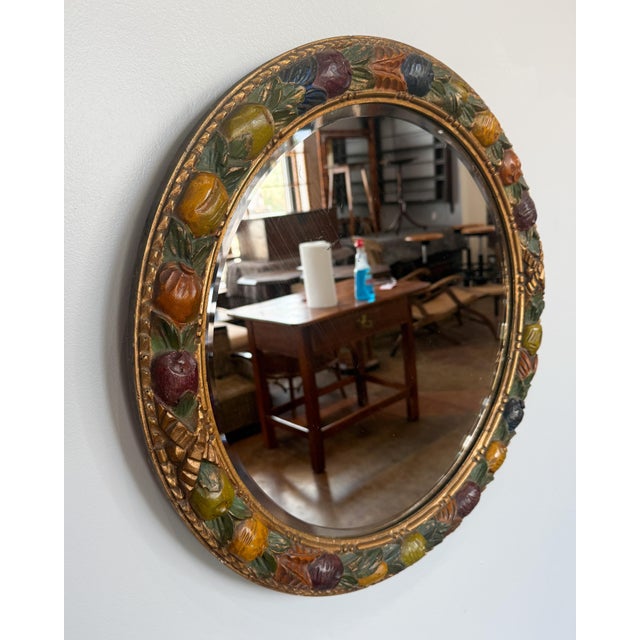 Art Deco Round Barbola Bevel Mirror With Relief of Fruit From England (Diameter 22 1/4) For Sale - Image 3 of 9