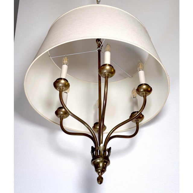 Bronze Mid 20th Century Restored Six Arm Brass Drum Shade Chandelier For Sale - Image 8 of 8