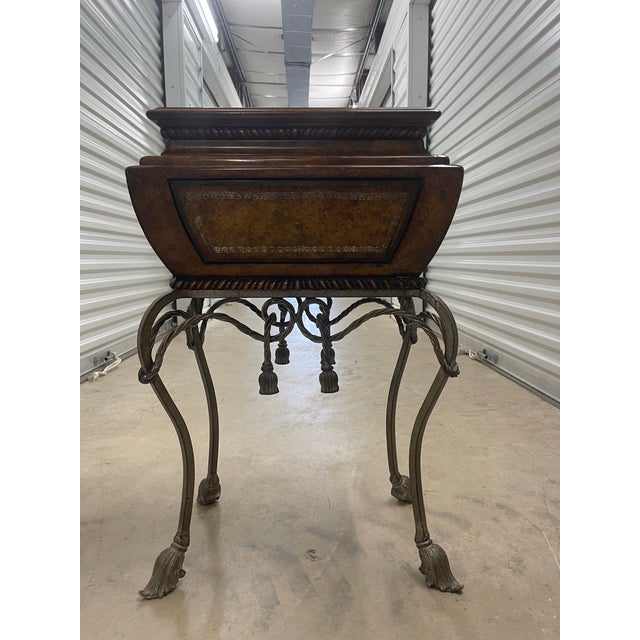 1990s Burl Wood & Wrought Iron Accent Chest With Faux Leather Drawer Front – Old World Mediterranean Style For Sale - Image 4 of 6