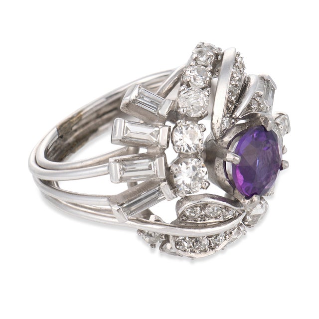 Mid Century Amethyst Diamond Platinum Cocktail Ring, Size 5 For Sale - Image 4 of 6