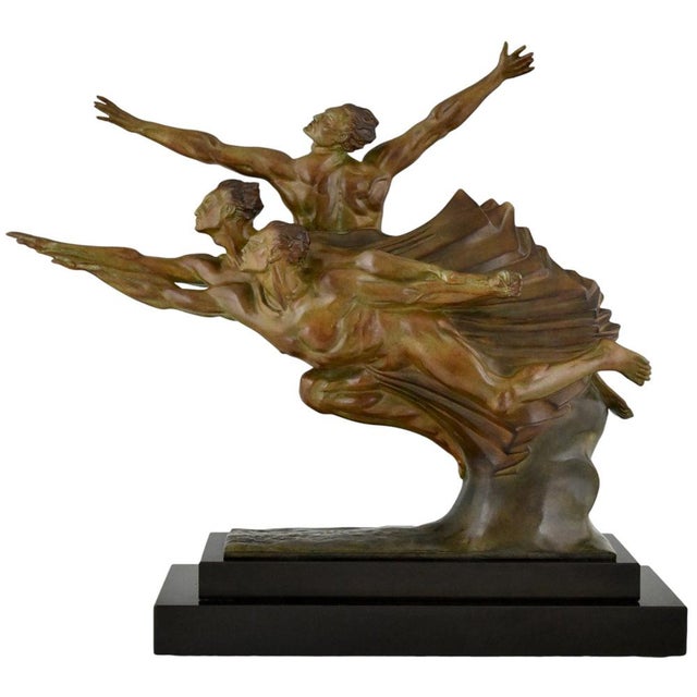 Robert Delandre, Art Deco Bronze Sculpture of 3 Athletes: Allegory of Speed, 1930, Bronze & Marble For Sale - Image 12 of 12